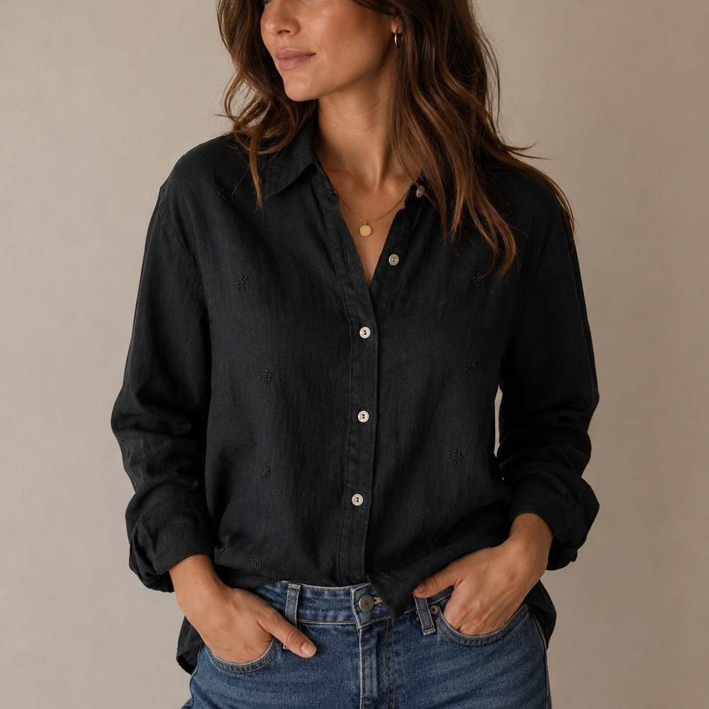 100% Irish Linen Shirt S Black Embroidered Button Down Coastal Richard Malcolm